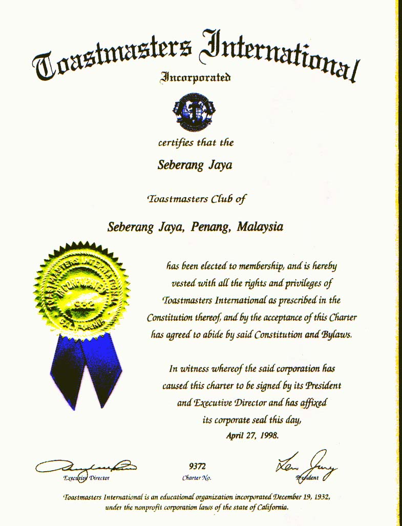 Charter Certficate of Seberang Jaya Toastmaster Club, Seberang Jaya, Penang